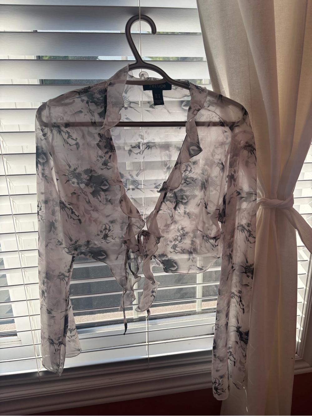 refuge Sheer Ruffle Tie-Front Floral Blouse in White and Gray